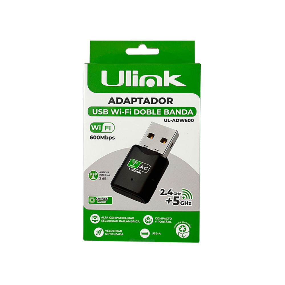 Adaptador USB Wi-Fi Dual Band 600Mbps 2.4GHz / 5GHz Ulink (SKU 60194 / UL-ADW600) - imagen 1