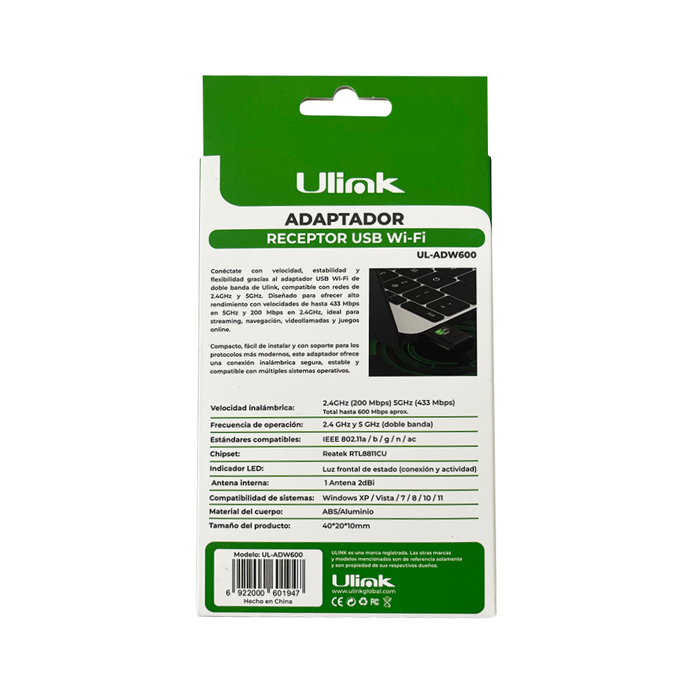 Adaptador USB Wi-Fi Dual Band 600Mbps 2.4GHz / 5GHz Ulink (SKU 60194 / UL-ADW600) - imagen 3